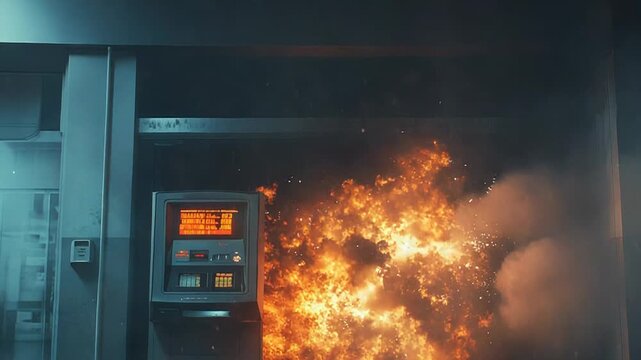 Explosion destroying atm in a bank robbery at night