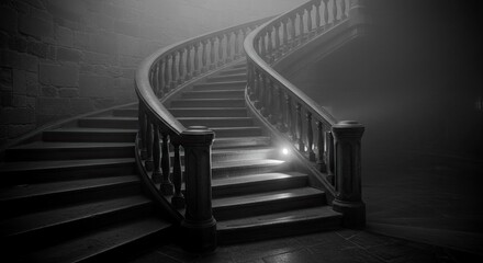 Mysterious Staircase Black and White Architecture with Dramatic Lighting