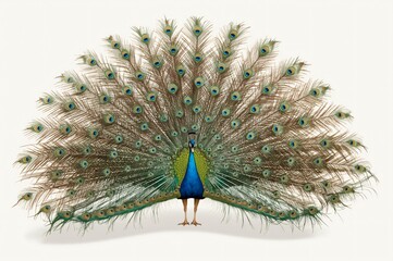 Peacock displaying plumage, white background, studio shot, print