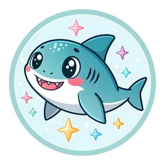Obraz premium Adorable Chibi Tiny Xenacanth Shark Pup Glowing With Bright Neon Sparkles, Kawaii Cartoon Illustration Filled With Pastel Magic, Whimsical Charm, Playful Joy, and Delight