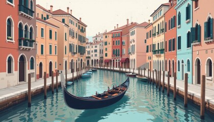 Obraz premium Serene Canal Scene With Gondola And Colorful Buildings In Venetian Style