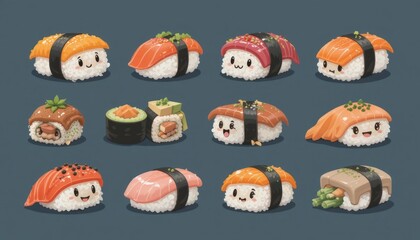 Fototapeta premium A delightful assortment of cute sushi rolls showcasing colorful designs and ingredients