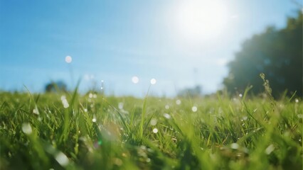 Sunlit Grass Field with Dew Drops and Clear Sky