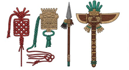 Ornate ancient artifacts, including knotted decorative items and ceremonial weaponry, presented in detailed cartoon style.