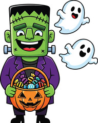 Fototapeta premium Cute frankenstein monster holding halloween candy bucket with two adorable ghosts floating nearby vector