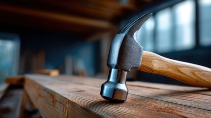 Close-up of a hammer resting on a wooden surface in a workshop setting.