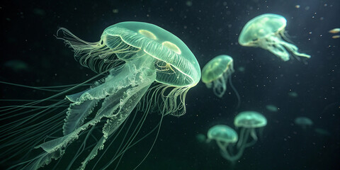 Obraz premium A group of translucent green jellyfish gently drifting through dark, still waters. The central jellyfish revealing intricate internal structures with delicate, glowing ridges and fine, hair-like 