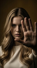 Fototapeta premium Young woman with blond hair, showing stop hand gesture, serious expression, dark background, symbolizing refusal, protection, or safety