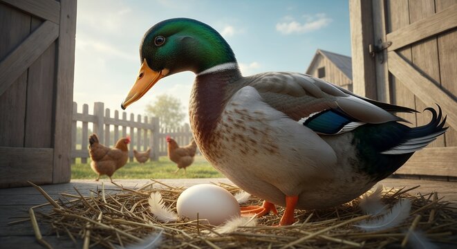 Mallard duck and new egg at sunrise