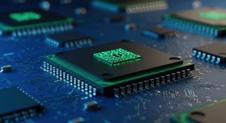 Closeup of a glowing green computer processor chip on a blue circuit board.