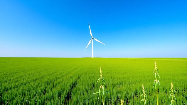 A windmill in a green field under a blue sky day