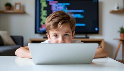 Young boy with curious eyes peeking over a laptop - Early digital learning and technology exploration at home