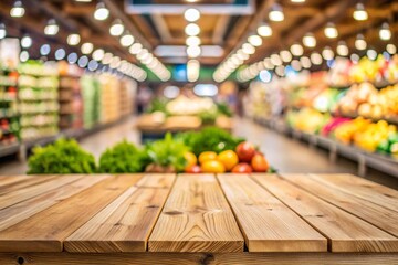 Empty wood table top with supermarket blurred background for product display