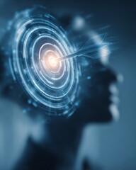 Obraz premium Business strategist thinking with glowing holographic target icon, symbolizing goals and achievement.