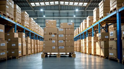 Large warehouse interior with shelves full of stacked cardboard boxes under industrial lighting in distribution hub - Powered by Adobe