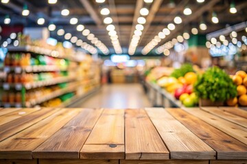 Empty wood table top with supermarket blurred background for product display