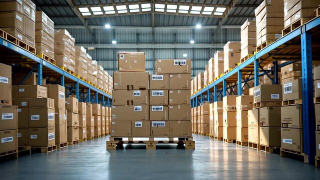 Large warehouse interior with shelves full of stacked cardboard boxes under industrial lighting in distribution hub