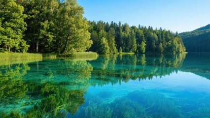 Obraz premium Clear Blue Lake Surrounded by Lush Green Forest