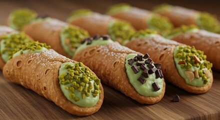 Delicious Cannoli: A Tempting Row of Pistachio and Chocolate Cream