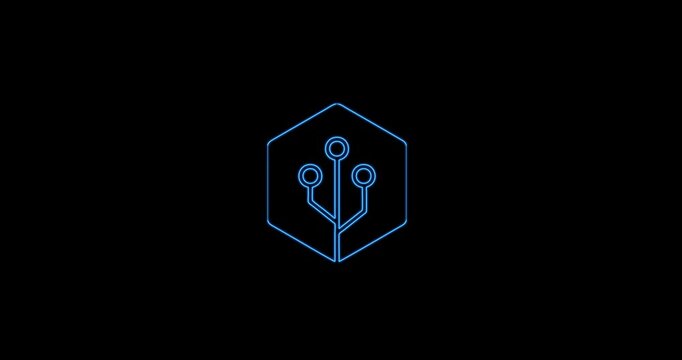 Animated blue neon technology icon with a branching circuit design inside a hexagon on a black background.