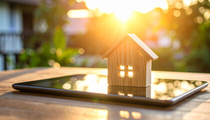 Wooden miniature house on glossy tablet surface. Smart home automation, real estate technology
