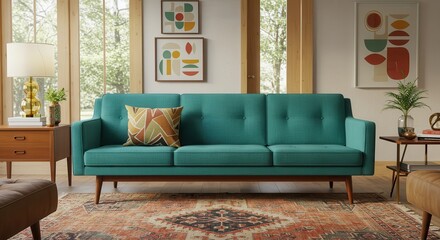 A teal mid-century modern sofa sits in a stylish living room with decorative artwork and warm tones.