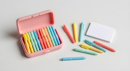 Naklejka premium Pink pencil case filled with colorful pens and scattered stationery items on a white surface