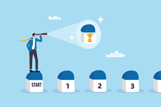 Business milestones or achievement to reach goal or success, progress development, vision to see target destination, step to success, businessman look on telescope to see success trophy milestone.