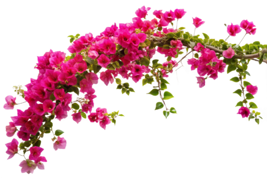 Vibrant pink bougainvillea vine isolated against a stark black backdrop for artistic composition transparent background
