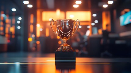 Glowing Trophy Celebrating Top Performer s Success in Futuristic Office Setting