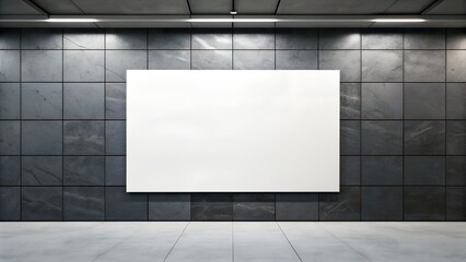 Wide blank advertisement billboard blank white screen mockup on a tiled concrete wall with lights