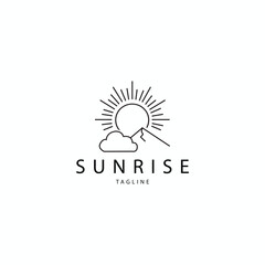 Minimalist Sunrise Logo Design Featuring a Sun, Mountain, and Cloud Combination, Ideal for Travel and Outdoor Brands