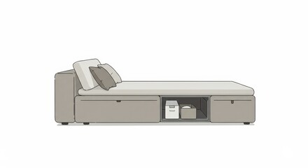 A simple, contemporary illustration of a storage bed with two drawers underneath, displaying a muted neutral color palette.