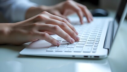 Hands typing on a modern white laptop keyboard - focused work and digital communication