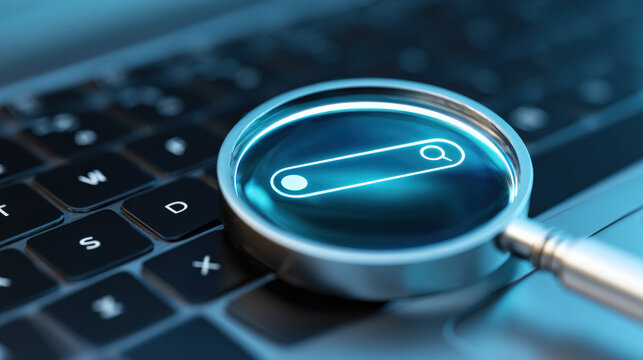 Close-up of laptop screen with search bar and magnifying glass icon, representing online privacy and data security concerns in digital age.