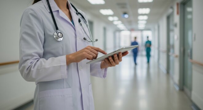 Doctor using a digital tablet for patient records in a modern hospital corridor.