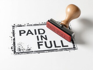 Rubber stamp with the text 'PAID IN FULL' clearly embossed on its surface The stamp is centered over a pristine white background