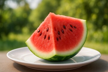 Juicy watermelon slice on a plate outdoors