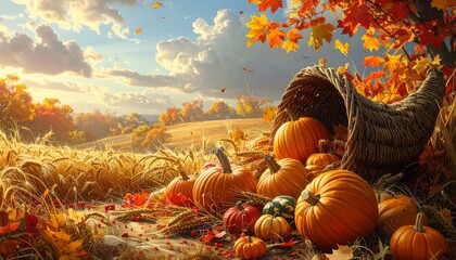 Autumn harvest pumpkins and wheat in cornucopia. Seasonal imagery themes. Detailed high quality image. 