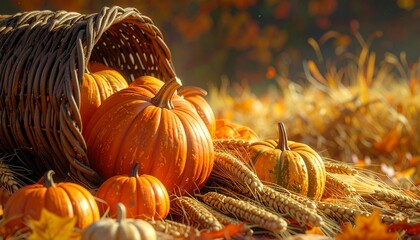 Autumn harvest pumpkins and wheat in cornucopia. Seasonal imagery themes. Detailed high quality image. 