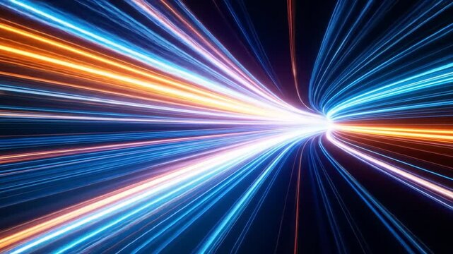 Energetic Acceleration: Hyperspace Tunnel with Vibrant Orange and Blue Streaks