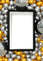 balloons stacked around a Christmas and New Year themed frame