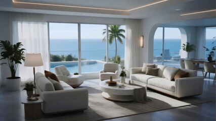 Modern living room with ocean view and luxurious furnishings
