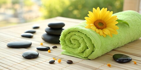 Still life of spa stones, green towel, and yellow flower on bamboo mat