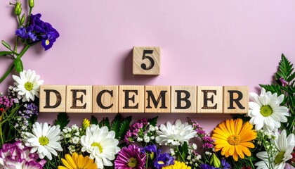 Wooden Blocks with Date 5 December. Floral Calendar – Vibrant Flowers on Solid Colored Background