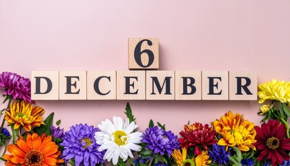 Wooden Blocks with Date 6 December. Floral Calendar – Vibrant Flowers on Solid Colored Background