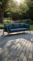 A stylish, three-seater outdoor sofa with slatted wooden frame rests on a weathered wooden deck, bathed in natural sunlight and surrounded by lush greenery.