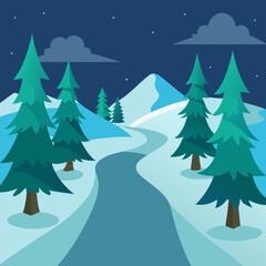 Obraz premium Cartoon frozen forest trail vector illustration