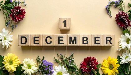 Wooden Blocks with Date 1 December. Floral Calendar – Vibrant Flowers on Solid Colored Background
