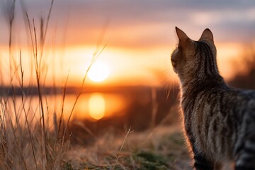 Cat watching sunset by lake, golden natural background concept